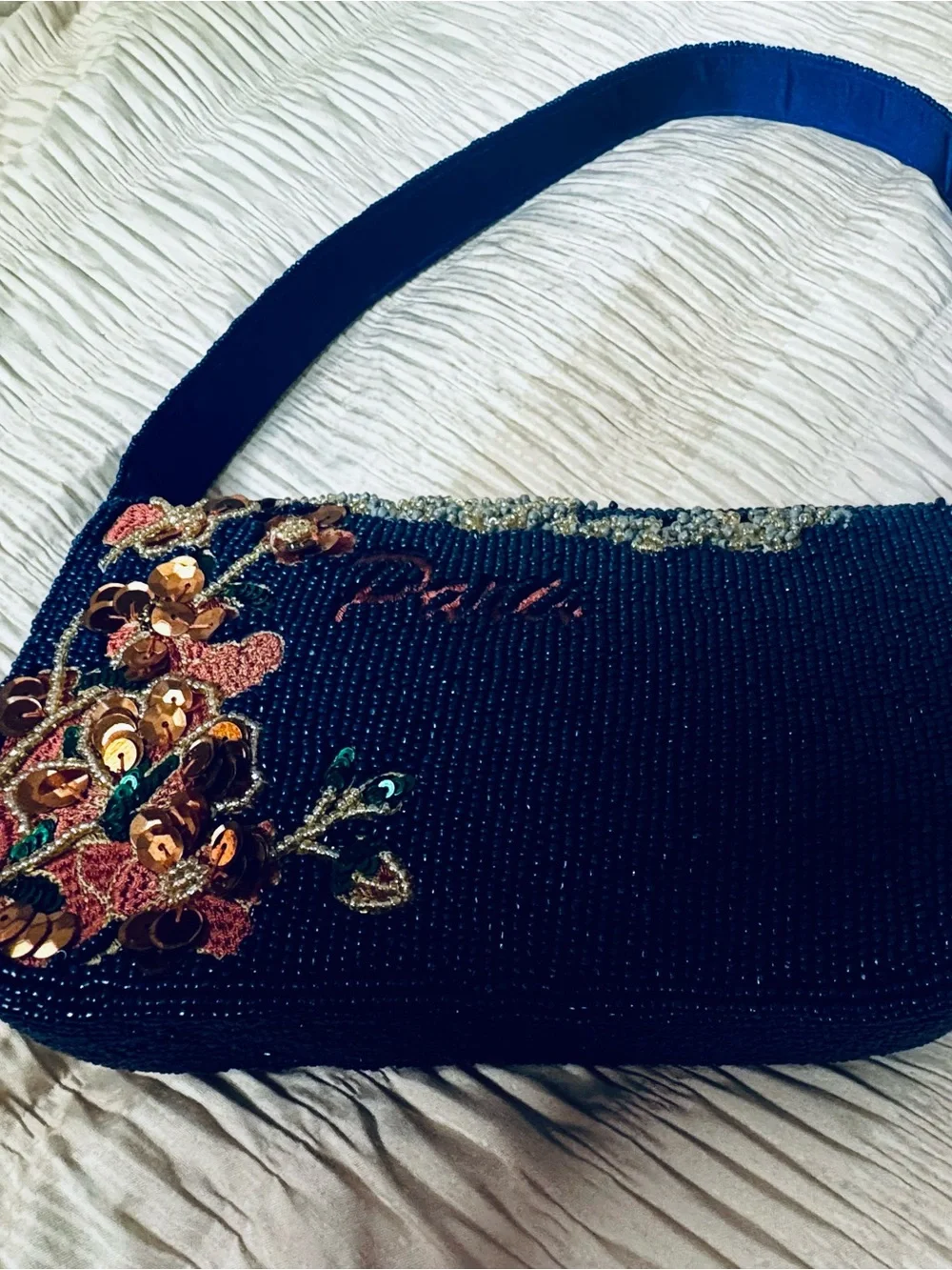 New Viral Paris Beaded Navy Bag with Paris Motif